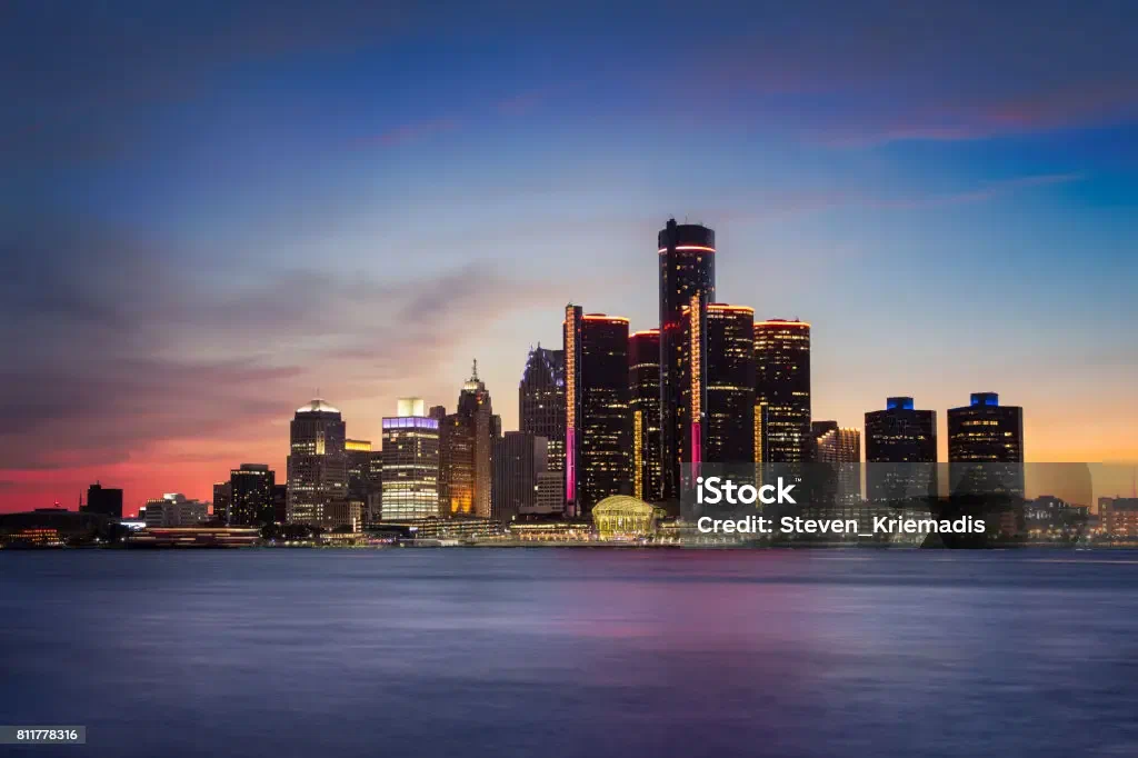 The Detroit skyline at dusk