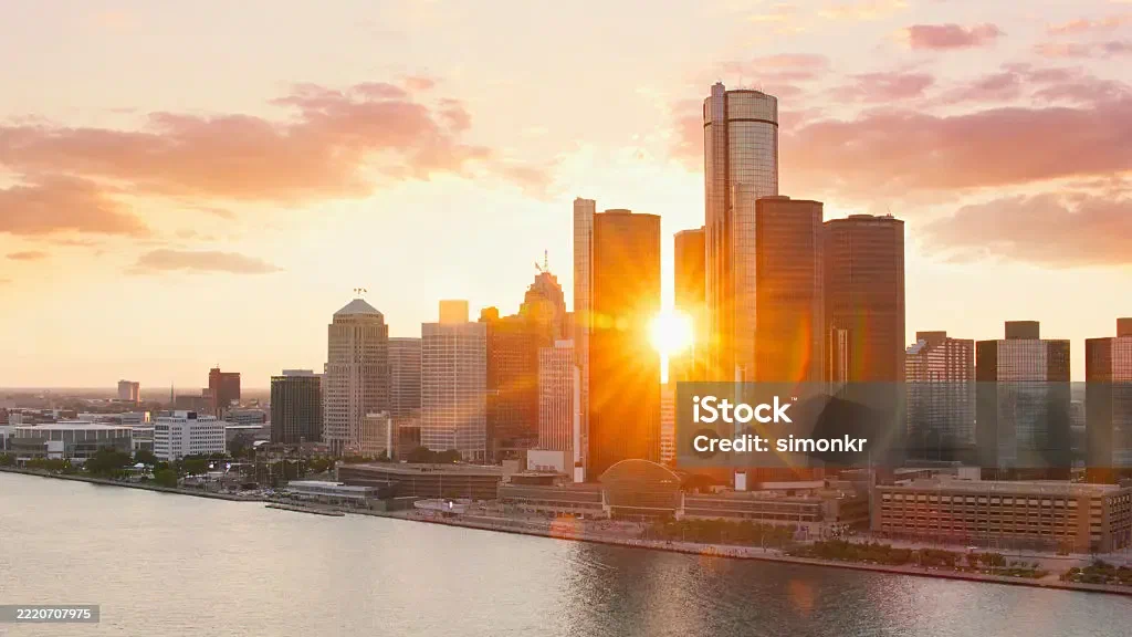 Detroit skyline at sunset